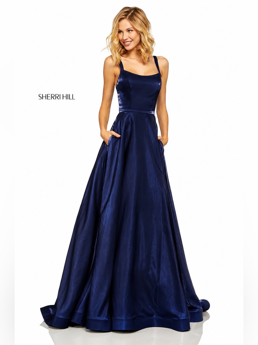 Sherri Hill Navy Satin Square-Neck Ball Gown